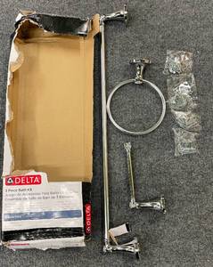 Delta Silverson 3 PIece Bath KIt w Towel Bar, Toilet Paper Holder and Towel Ring