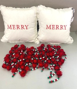 Merry Christmas Throw Pillows and Beaded Garland