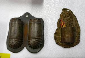 lot 44 image: Vintage group of matchstick holders, tobacco tin and 2 miniature cuckoo clocks