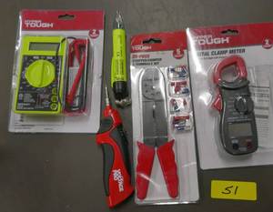 lot 51 image: Electrical tool lot - multimeter, wire stripper, chirper, solder, clamp meter