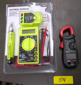 lot 54 image: Electrical tools - multimeter, outlet tester, chirper, clamp meter