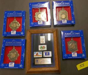 lot 55 image: Lot of 5 new Hallmark ornaments of the state quarter collections of 1999, and US Post office framed set of ND stamps for the 100 yr Anniv 1989