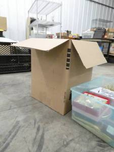 lot 102 image: Large box of Christmas decorations, big bulbs, small bulbs, tree skirt, santas, angels, tablecloth