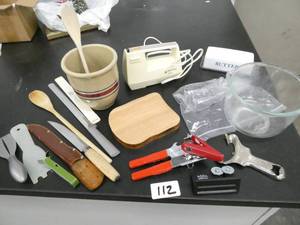 lot 112 image: Kitchen accessories - electric mixer and bowl, butter dish, can opener, knives, knife sharpener etc
