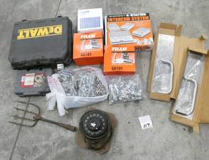 lot 117 image: Lot of unsold or not picked up items - empty Dewalt case, filters, sockets, springs, 2 nice commercial handles, variac transformer