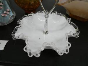 lot 123 image: Vintage lady planter, a ruffled milk glass candy dish and a very unique bow shaped art glass bowl