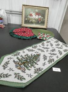 lot 142 image: Beautiful Christmas Holly table runner, heavy tapestry, small tree skirt, hotpad and Framed Oil painting of flowers