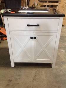 Home Decorators Ainsley 30 in. W x 22 in. D Vanity in White with Granite Vanity Top in  Black with White Basins not used see pictures