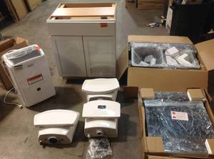 Lot of assorted Sinks, cabinets, toilet pcs, Humidifier see pictures