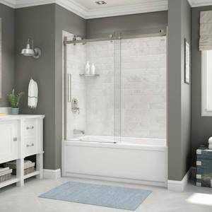 lot 116 image: Maax Utile 32 in. x 60 in. x 81 in. Bath and Shower Combo in Marble Carrara, New Town Left Drain, Halo Door Brushed Nickel.