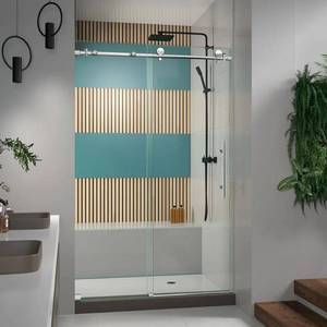 lot 117 image: Dreamline Enigma-X 44 in. to 48 in. x 76 in. Frameless Sliding Shower Door in Polished Stainless Steel, SHDR-61487610-08.