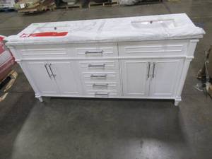 lot 108 image: Home Decorators Collection Aberdeen 72 in. W x 22 in. D Bath Vanity in White with Carrara Marble Top with White Sinks - Top is Cracked.