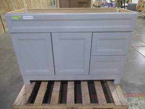 lot 118 image: Home Decorators Collection Sedgewood 48. W Bath Vanity in Dove Gray - Cabinet Only - Some Minor Damage - Front Trim Loose. Cabinet needs to re-glued. Drawers aligned.