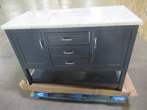 lot 120 image: Everett 49 in. W x 22 in. D Vanity Cabinet in Aegean Blue with Carrara Marble Vanity Top in White with White Basin - Cracked Top, Broken Back LH Leg.