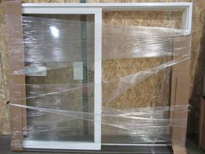 lot 148 image: Simonton Patio Door - Missing Sliding Door Has Fixed Panel - White Vinyl Dimensions 77 x 81. Never Installed.