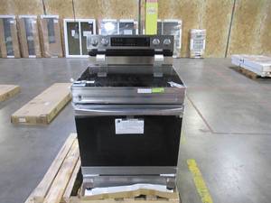 lot 239 image: Samsung Smart Convection Electric Range Stainless Steel Model # NE63A6511SS (Item Has Large Dent In The Back See Photos)