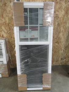 lot 154 image: SIMONTON CUSTOM 6500 Series Double Hung Replacement Window in White Vinyl - 27 x 65 12 x 3 18 Wall, Single Cam. With Screen. Grid in Top Sash - Never Installed.
