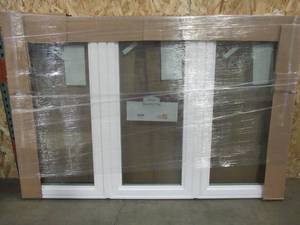lot 170 image: SIMONTON CUSTOM 6500 Series 3 Lite Casement Replacement Window, White Vinyl ExteriorOak Color Interior - 69 12 x 45 12 x 3 18 Wall, With Screen. Fixed Center Window - Never Installed.