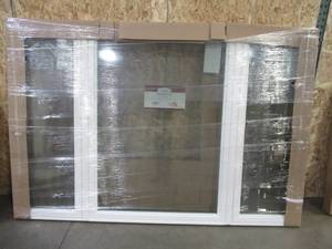 lot 171 image: SIMONTON CUSTOM 6500 Series 3 Lite Casement Replacement Window, White Vinyl ExteriorOak Color Interior - 93 12 x 62 12 x 3 18 Wall, With Screen. Fixed Center Window - Never Installed.