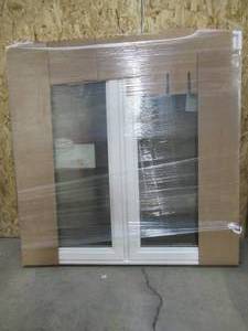 lot 175 image: SIMONTON CUSTOM 6500 Series Double Casement Replacement Window, White Vinyl ExteriorOak Color Interior - 45 12 x 45 12 x 3 18 Wall, With Screen - Never Installed.