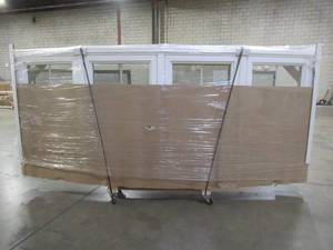 lot 177 image: SIMONTON CUSTOM 6500 Series 4 Lite Bay Window, 4 Left Hinge Casement Windows With Screens. White Vinyl ExteriorOak Color Interior. Dimensions 109 34 x 46 (Bow is 14 from center). Never Installed.