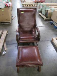 lot 245 image: Teak Wood & Brown Leather Chair with Ottoman Set - 36 x 24 x 36 (Scratch & Dent, Broken Leg) Item # 36761545