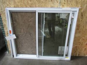 lot 190 image: American Craftsman Sliding Window in White Vinyl With Screen. 46 14 x 54 x 3 14 Wall.  - Internal window lock needs to be reattached as well as some trim pieces.