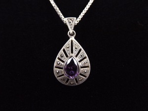 .925 Sterling Silver Art Nouveau Pear Cut Amethyst Pendant Necklace