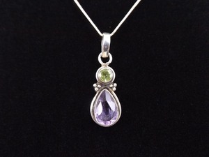 .925 Sterling Silver Faceted Peridot and Amethyst Pendant Necklace