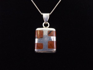 .925 Sterling Silver Inlayed Brown Jasper Pendant Necklace