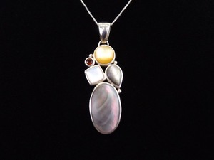 .925 Sterling Silver Abalone, Pearl, and Garnet Cabochon Pendant Necklace