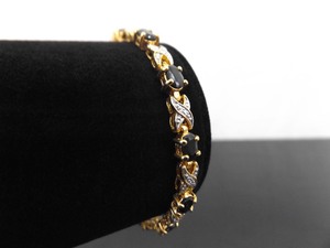 .925 Sterling Silver Diamond Accented Oval Cut Deep Blue Sapphire Vermeil Bracelet