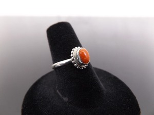 .925 Sterling Silver Red Coral Cabochon Ring Size 6.5