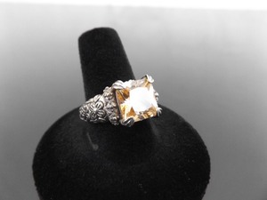.925 Sterling Silver Princess Cut Citrine Scrolled Flower Ring Size 9