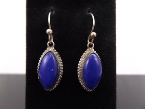 .925 Sterling Silver Large Lapis Lazuli Marquise Cabochon Dangle Hook Earrings