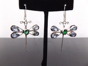 .925 Sterling Silver Topaz and Emerald Crystal Dragonfly Dangle Hook Earrings