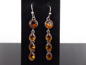 .925 Sterling Silver Pear Cut Citrine Crystal Dangle Hook Earrings