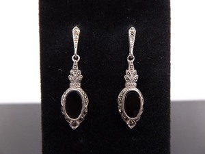 .925 Sterling Silver Art Nouveau Inlayed Black Onyx Dangle Post Earrings
