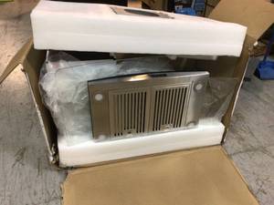 lot 110 image: 36 in. W Convertible Glass Island Mount Range Hood with Dual-Sided Touch Panels and Charcoal Filters in Stainless Steel by Vissani Customer Returns See Pictures