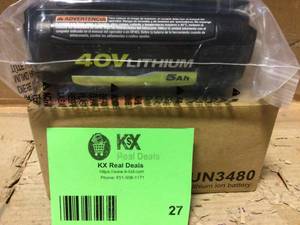 lot 27 image: 40-Volt Lithium-Ion 5.0 Ah High Capacity Battery by RYOBI Customer Returns See Pictures