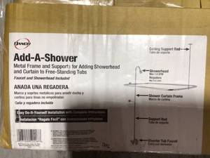 lot 45 image: Add-a-Shower Metal Frame and Supports for Adding Showerhead and Curtain to Free-Standing Tubs Faucet and Showerhead Included by Danco  Customer Returns See Pictures