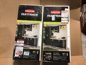 lot 54 image: Lot of 2 FastTrack 28 in. H x 29.84 in. W x 12.6 in. D Laminate Garage Wall Mounted Cabinet in Black by Rubbermaid Customer Returns See Pictures