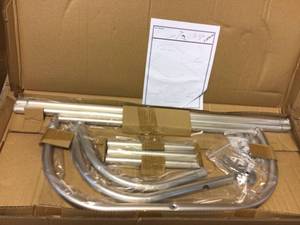 lot 93 image: 54 in. Extra-Large x 26 in. Rustproof Aluminum Hoop Shower Rod in Brushed Nickel with Ceiling Support for Clawfoot Tub by Utopia Alley Customer Returns See Pictures