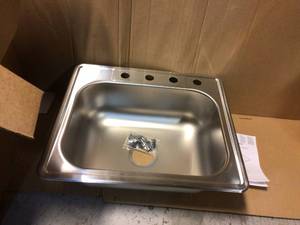 lot 99 image: Drop-In Stainless Steel 25 in. 4-Hole Single Bowl Kitchen Sink by Glacier Bay Customer Returns See Pictures