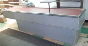 Retro Style Wood Checkout Stand. 122 in. x 25.5 x 33 in. H. Cash Register Stand is attached.