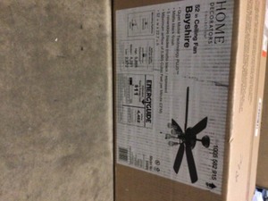 lot 43 image: Home Decorators Collection 52 in. Bay City Indoor LED Matte Black with Brass Accents Dry Rated Ceiling Fan with Light Kit and 5 Reversible Blades