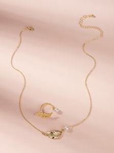 Leaf & Faux Pearl Pendant Chain Necklace & Ring 2pcs