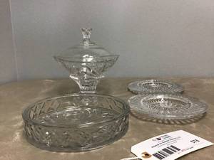 lot 578 image: Glass Crystal Cut Serving Plates and Glass Crystal Cut Covered Dish