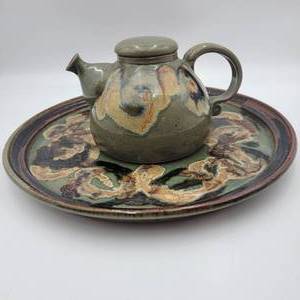 Beautiful Vintage Hand-Crafted Ceramic Teapot and Platter-Signed by Artist-Teapot 10 x 6 x 7  Platter 16