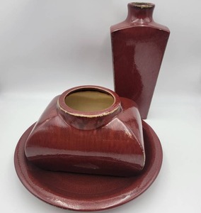 Gorgeous Cranberry Glazed 3 Piece Ceramic Set-Large Vase 16 x 7 x 4  Smaller Vase 11.5 x 7.5 x 7.5  Platter 16.5 x 2.5